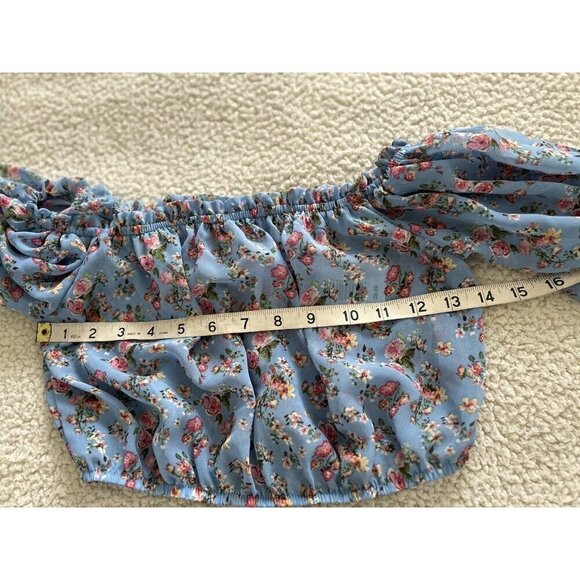 AVA + ESME  Short Puff Sleeve Blue/Pink Floral Chiffon On/Off Shoulder Crop Top - Picture 4 of 8